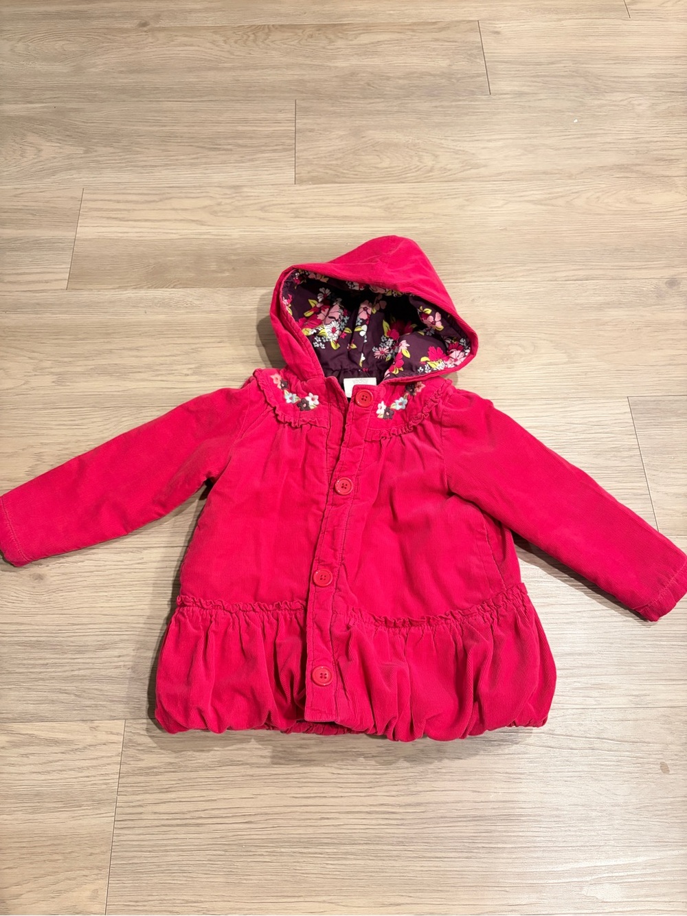 Crazy 8 Bright Pink Hooded Corduroy Puffer Jacket with Floral Lining
